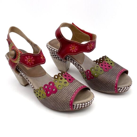 L’Artiste by Spring Step Jive Sandals Size 41 EU 9.5 US Red Floral Leather Heels - Picture 4 of 16